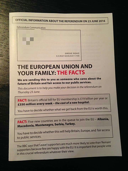 A leaflet distributed by the Leave campaign.